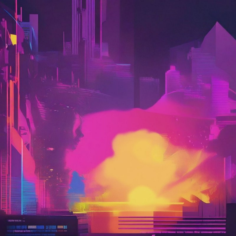 Retro synthwave cyberpunk cityscape with glowing pink and yellow explosion against dark skyscrapers