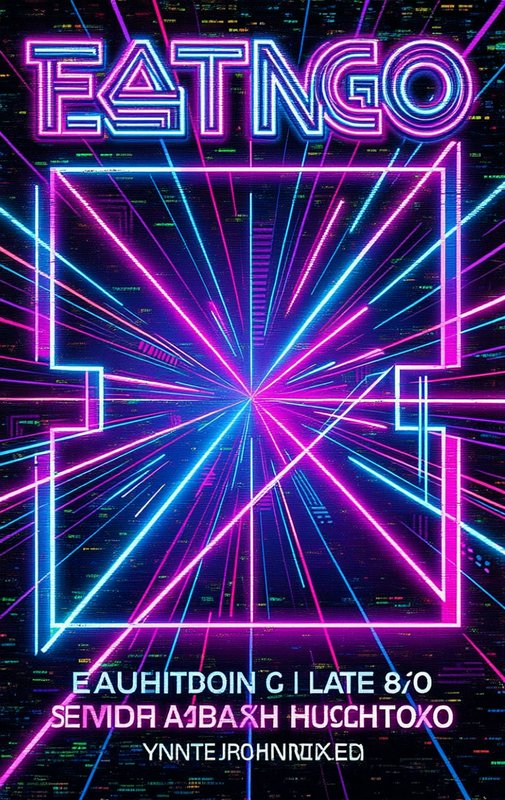 Glowing neon cyberpunk event poster with radial light tunnel and stylized retro-futuristic text