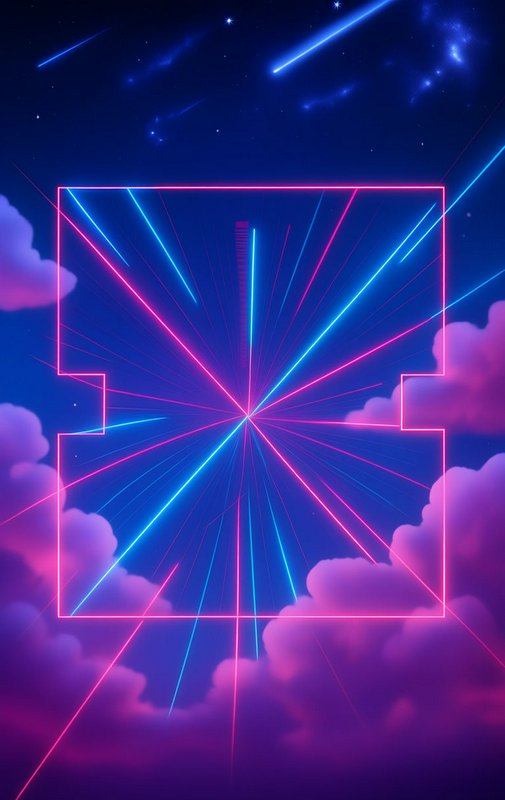 Glowing neon geometric frame floats above fluffy purple clouds under a starry sky with shooting meteors