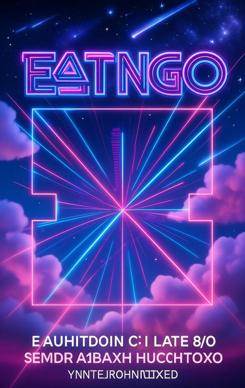 Glowing neon synthwave poster with EATNGO text, laser grid, starry sky and pastel purple clouds