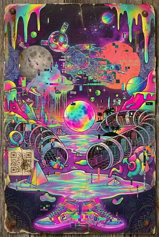 Glitchy iridescent astronaut floats above a trippy neon cosmic alien landscape in a psychedelic illustration