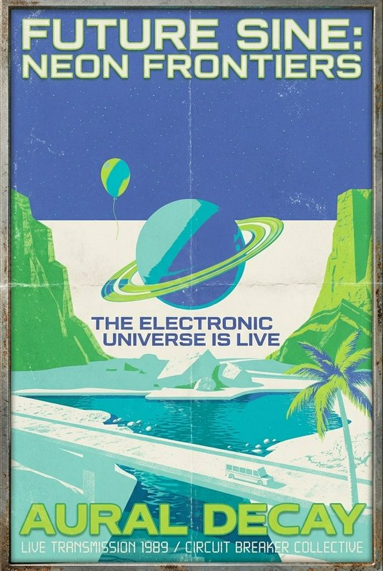 Retro-futurist vintage gig poster depicting a ringed gas planet above a surreal alien tropical landscape