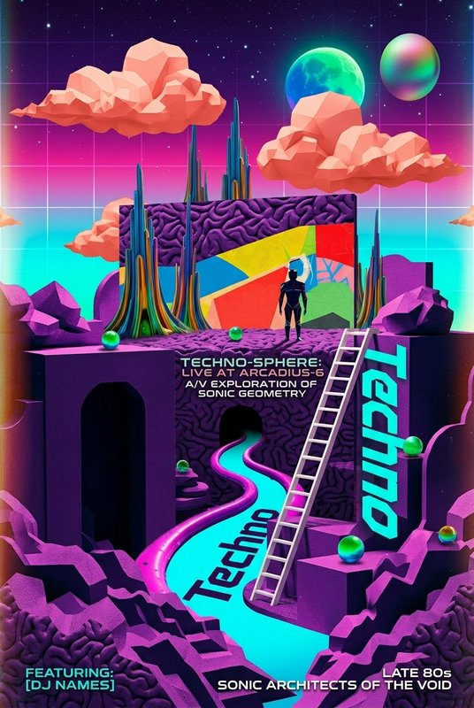 Surreal vaporwave techno event poster with low-poly alien landscape, gradient space sky, and small futuristic standing figure