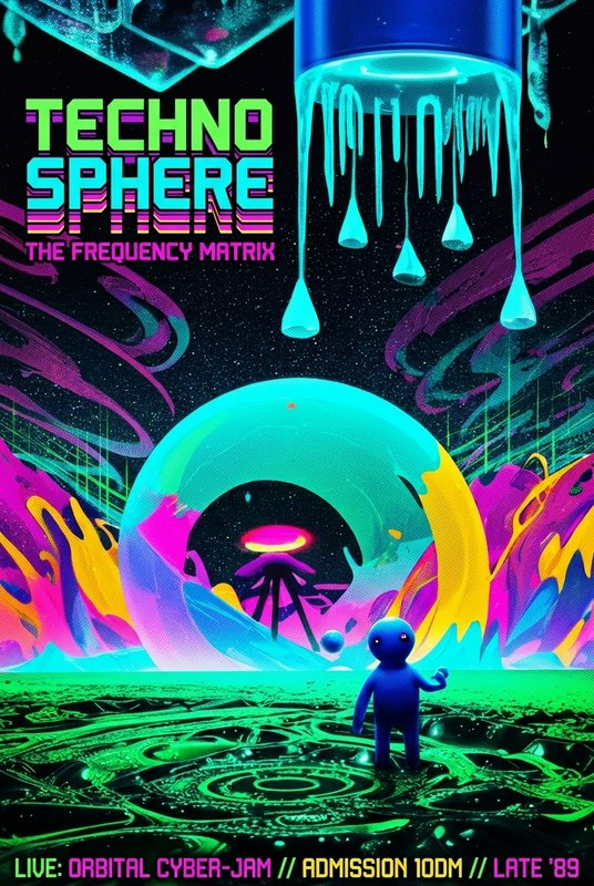 Retro neon Techno Sphere rave poster featuring a small blue alien standing in a surreal cosmic cyber landscape