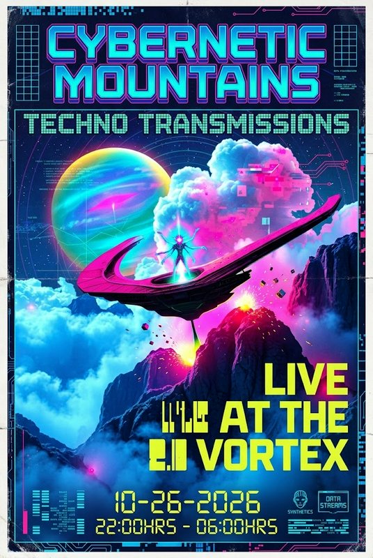 Cyberpunk retro-futurist event poster of an alien DJ performing on a hovering craft above neon cloud mountains