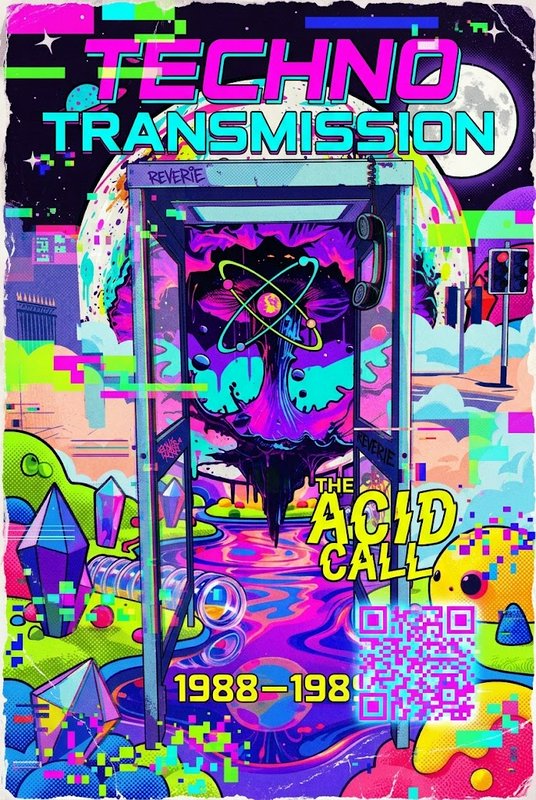 Psychedelic glitch art techno rave poster featuring a telephone booth in a surreal neon fantasy landscape