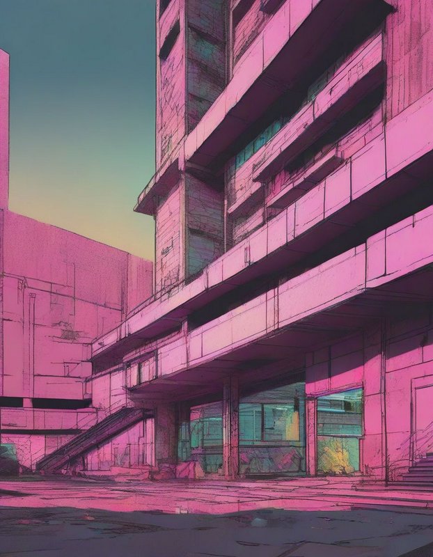 Low angle view of a sketched pink brutalist apartment building against a gradient sunset sky