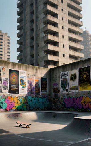 Empty concrete urban skatepark with graffiti walls below tall brutalist apartment towers