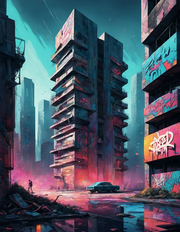 Lone pedestrian walks a rain-slick, graffiti-covered cyberpunk city street under a teal and pink twilight sky