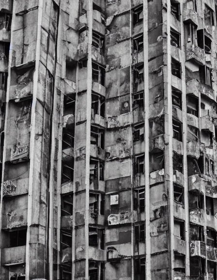 Black and white close-up of a severely charred, fire-damaged high-rise apartment building facade
