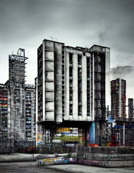 Derelict brutalist high-rise buildings stand above a graffiti-covered dystopian city under overcast grey skies