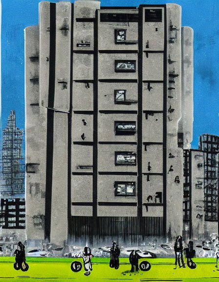 Stylized painting of a tall brutalist high-rise overlooking a bright green lawn with small pedestrian figures