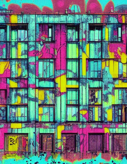 Bright stylized pop art illustration of a multi-story apartment building facade in bold saturated colors