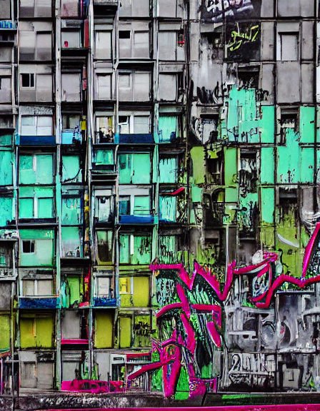 Weathered apartment building facade covered in layered vibrant street graffiti