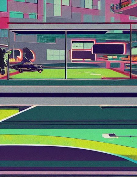 Stylized retro-futurist cityscape graphic with bold color blocking, vintage car, and geometric midcentury buildings