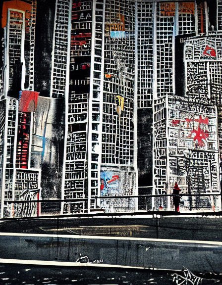 Expressionist painting of a dense urban skyscraper skyline with bold linework and bright accent colors