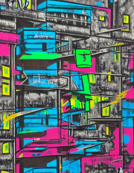 Bold abstract stacked cityscape artwork with bright neon color accents over textured grayscale architectural linework
