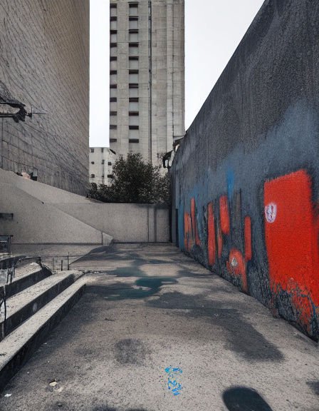 Narrow concrete alley lined with graffiti sits between brutalist buildings beneath an overcast sky