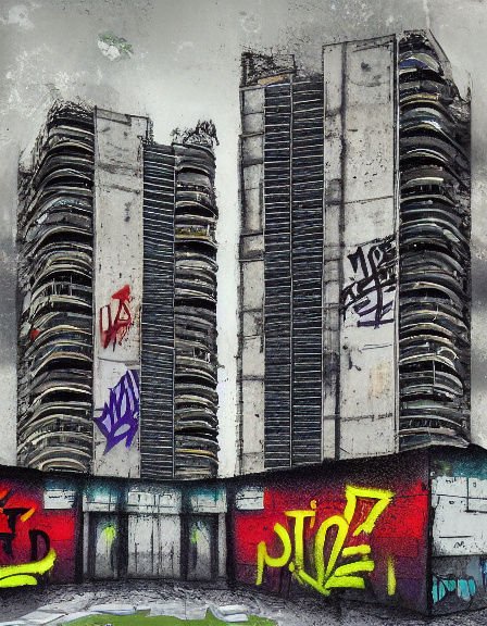 Graffiti-covered weathered brutalist high rise towers rise behind a tagged urban wall under overcast gray skies