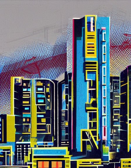 Bold geometric abstract painting of colorful stylized skyscrapers against a cross-hatched urban sky