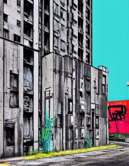 Stylized digital illustration of a derelict brutalist apartment block against a bright turquoise sky