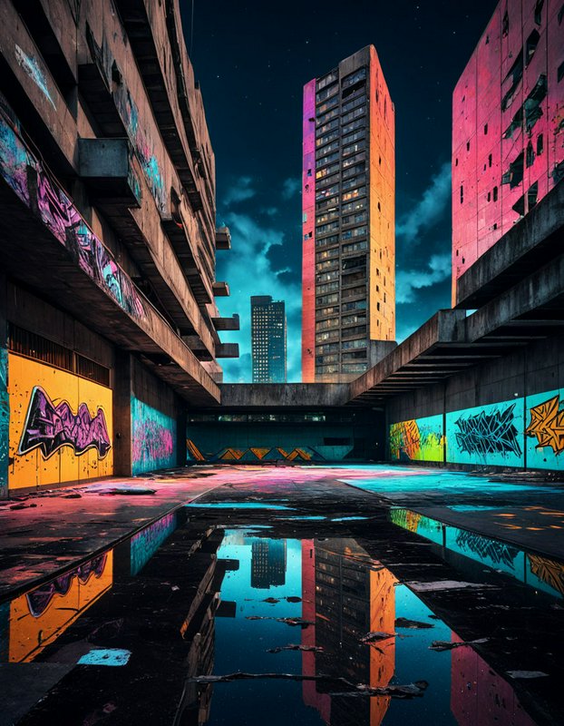 Neon lit abandoned brutalist housing estate covered in graffiti, reflected in rain puddles under a dark night sky