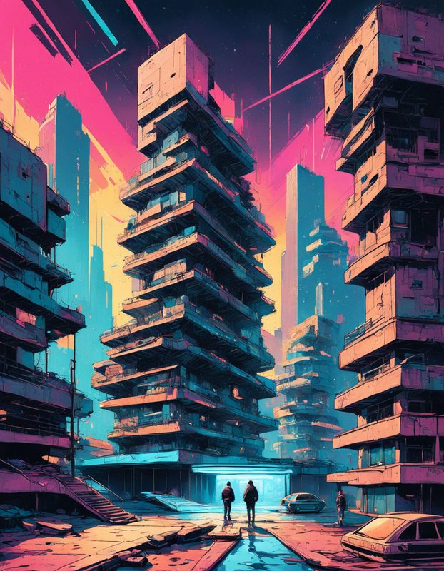 Silhouetted figures stand in a crumbling cyberpunk city beneath a bright pink and teal neon sky