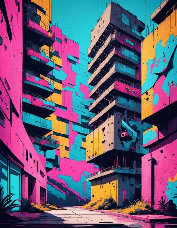 Brightly painted dilapidated brutalist apartment towers line an empty sunlit city street under a turquoise sky