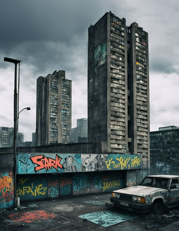 Graffiti-covered derelict brutalist tower blocks with an old abandoned sedan under a stormy overcast sky