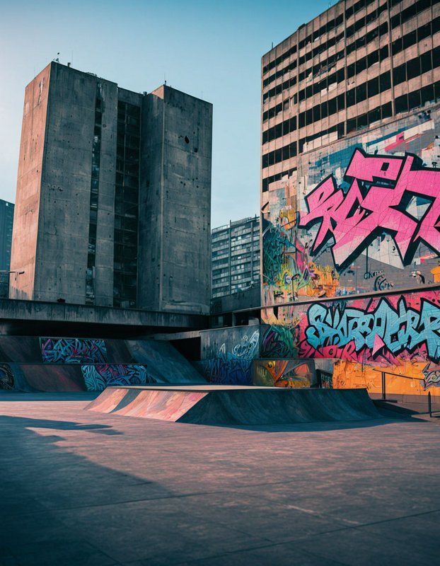 Graffiti-covered urban skate park nestled between tall brutalist concrete buildings under a clear pale blue sky