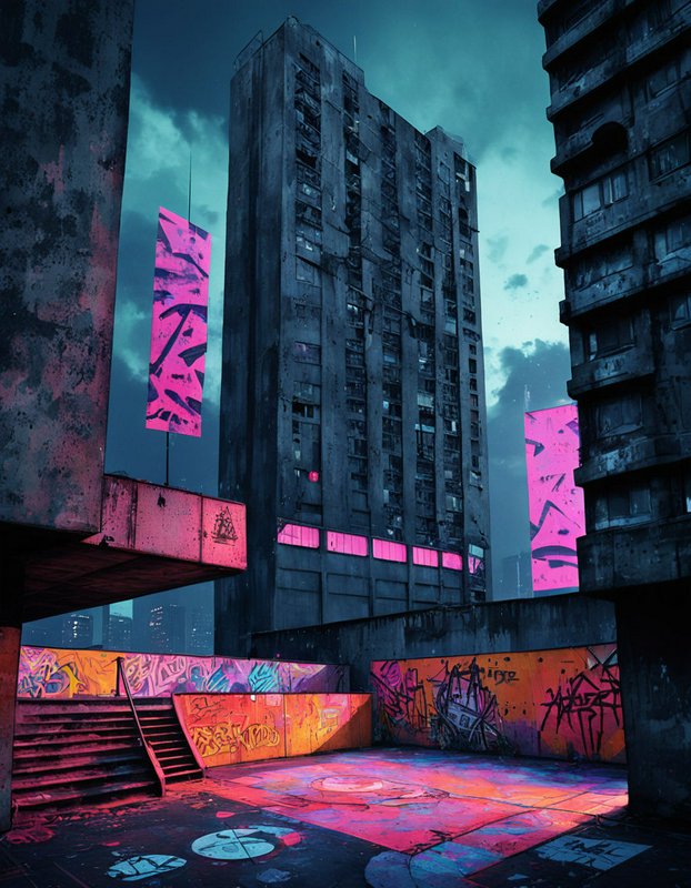 Derelict brutalist high rise courtyard covered in vibrant neon street art under a moody twilight sky