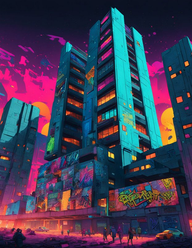 Graffiti-covered brutalist skyscrapers stand in a neon cyberpunk city under a vivid pink and purple twilight sky