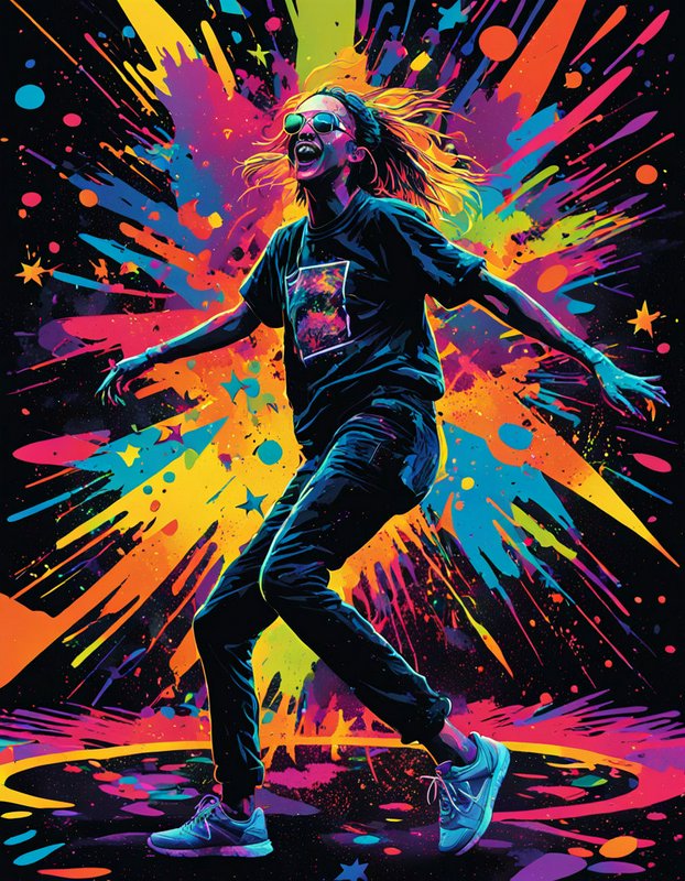 Energetic dancer in sunglasses leaps amid exploding neon paint splatters against a dark background