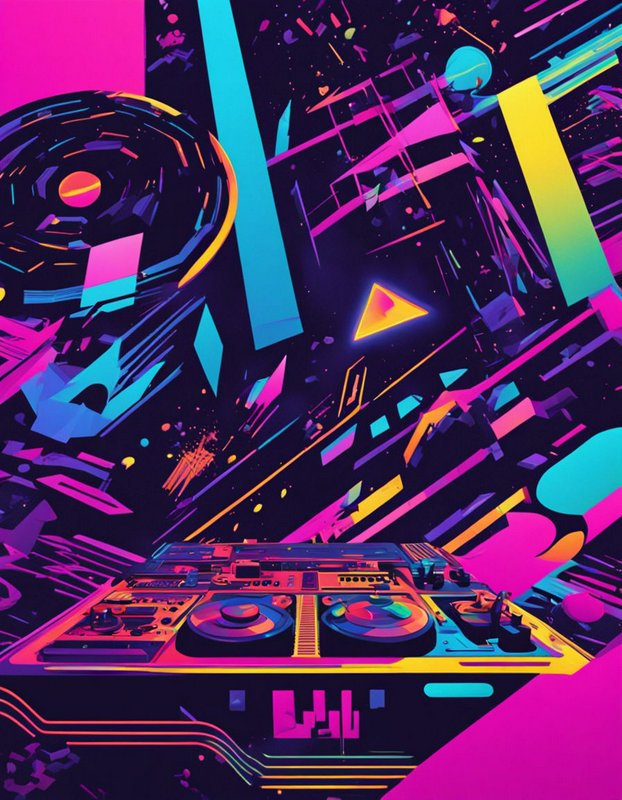 Neon retro-futuristic illustration of a DJ turntable against a vibrant abstract geometric space backdrop