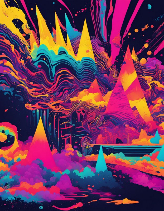 Surreal psychedelic fantasy landscape with glowing neon pyramids and swirling trippy cosmic patterns
