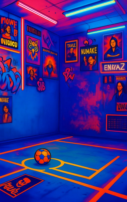 Neon-lit indoor street art game court with a soccer ball resting at its center