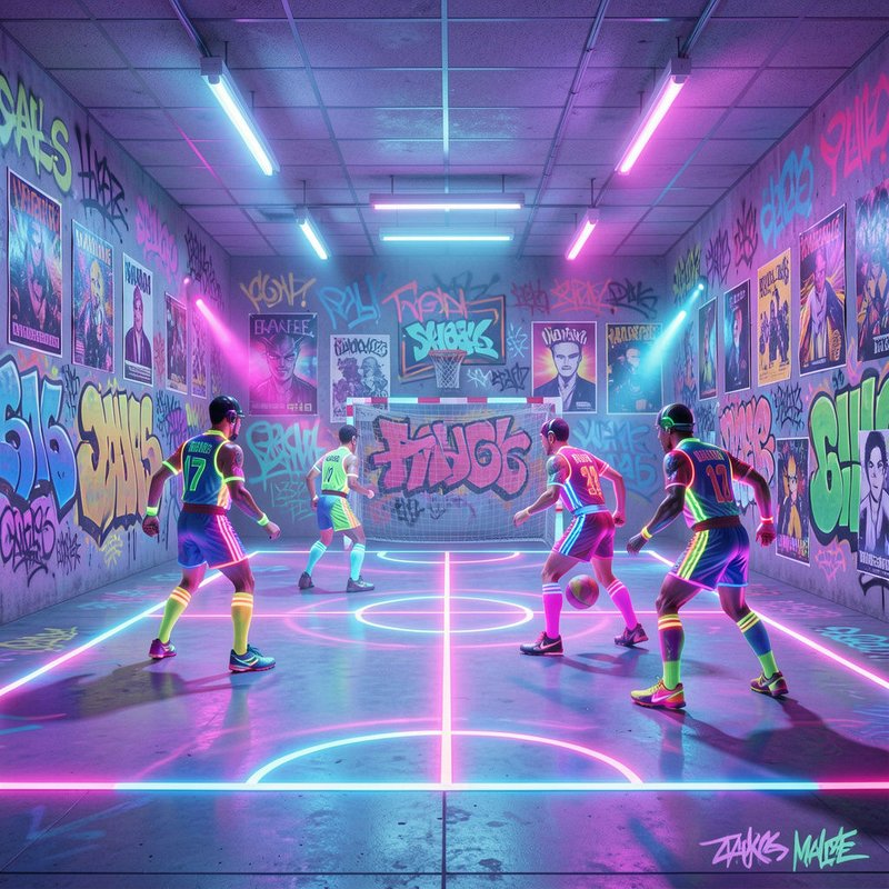 Futuristic neon lit indoor futsal match on a graffiti covered warehouse court with athletic players