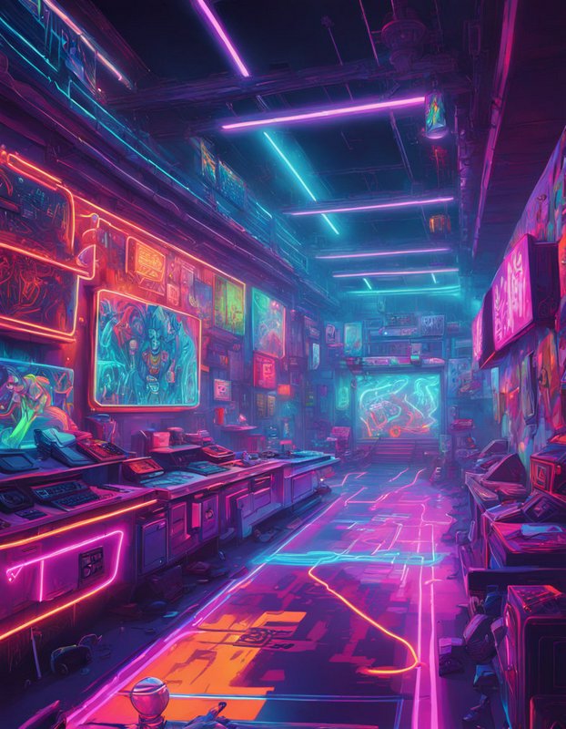 Neon-lit cyberpunk retro arcade lined with glowing vintage game cabinets and bright overhead neon strips