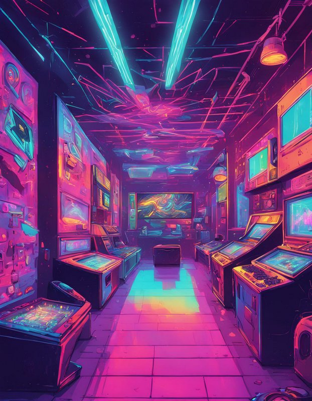 Vibrant neon retro arcade filled with vintage game cabinets under glowing pink and turquoise overhead lighting