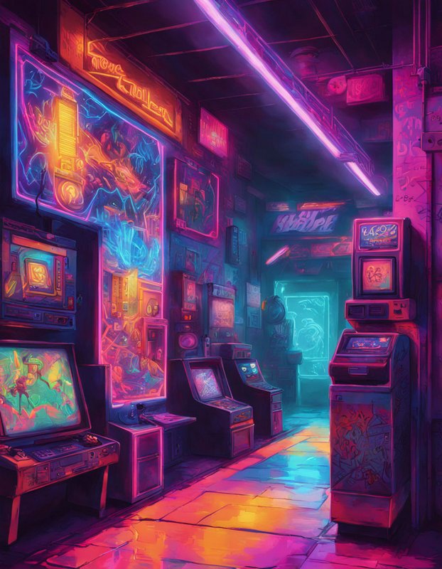 Glowing neon retro arcade hallway lined with vintage arcade game cabinets under vibrant purple and pink lights