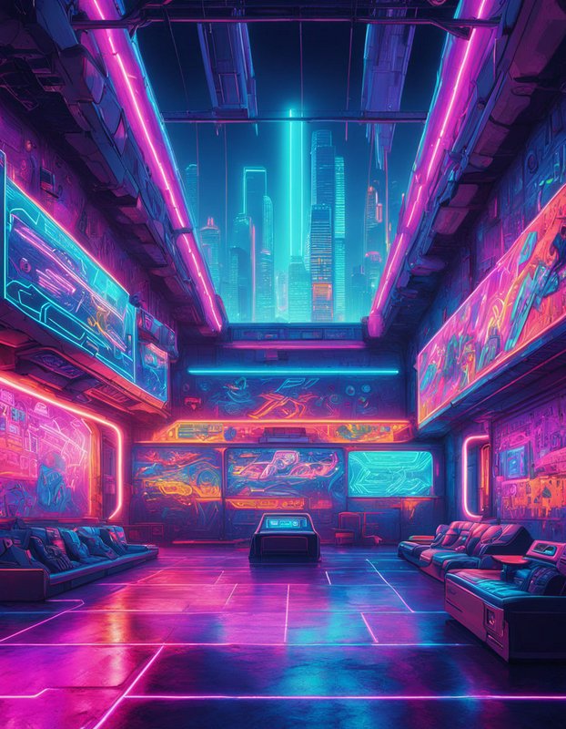 Neon lit cyberpunk lounge interior with open ceiling looking out at a glowing futuristic city skyline
