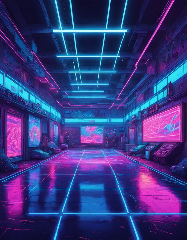 Empty retro-futuristic cyberpunk arcade lit by glowing pink and blue neon grid lighting