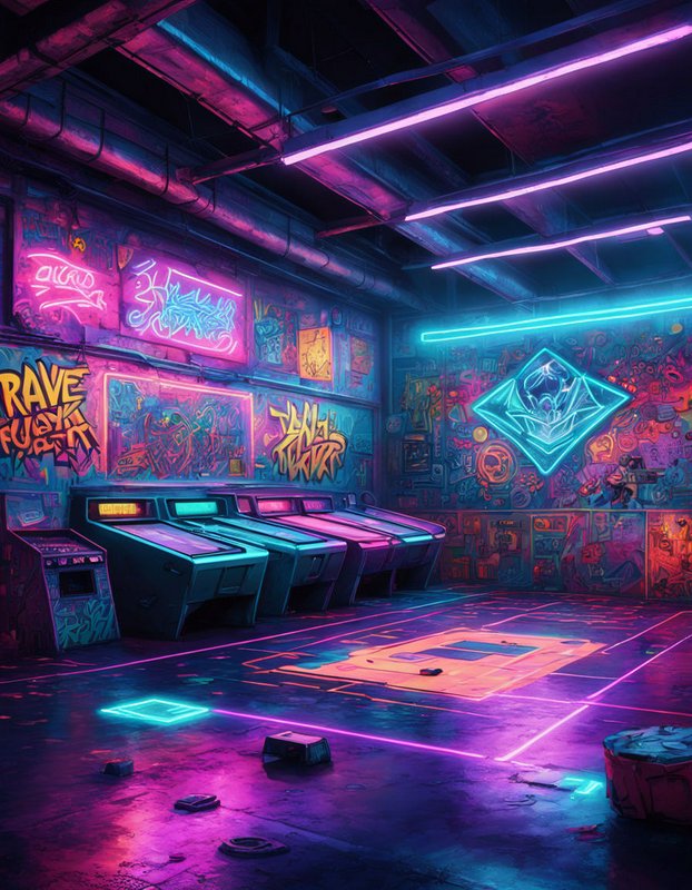 Cyberpunk underground arcade glowing with pink and cyan neon, lined with pinball machines and graffiti covered walls