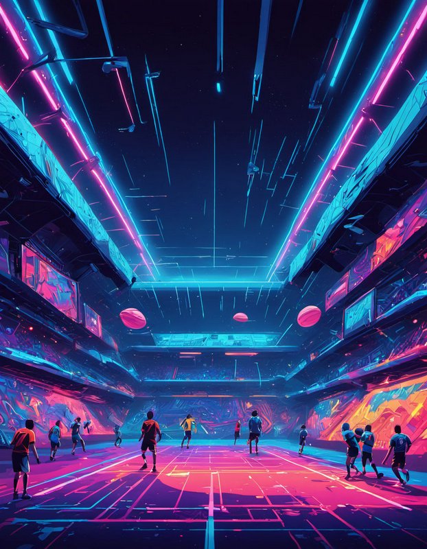Futuristic neon cyberpunk indoor basketball court with players competing under glowing arena lights