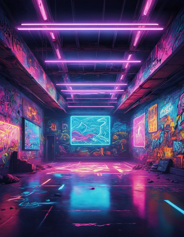 Empty graffiti-covered warehouse interior lit by bright pink and cyan neon strip lights