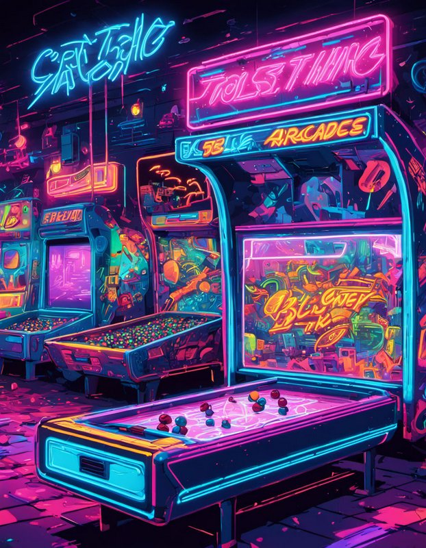 Glowing neon cyberpunk retro arcade lined with vintage pinball and game cabinets