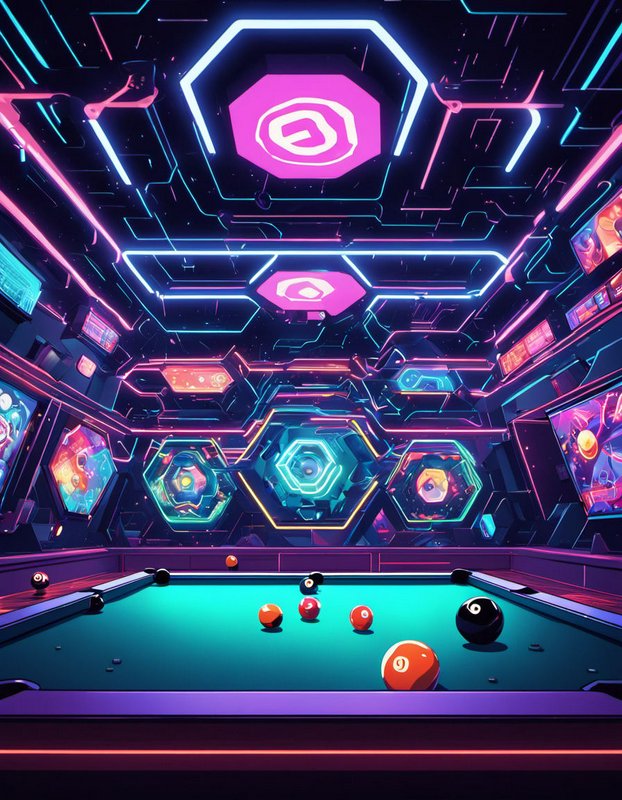 Futuristic cyberpunk game room with a teal pool table under glowing neon ceiling fixtures