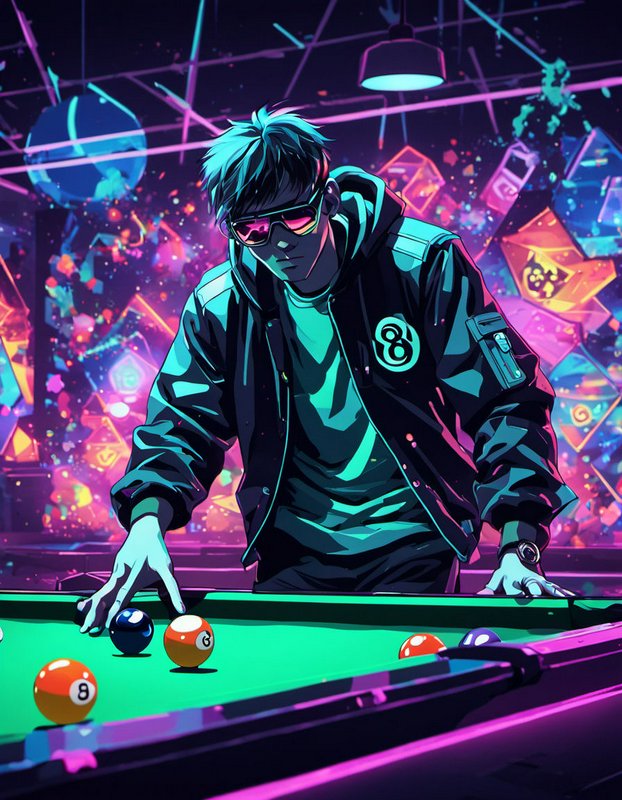 Cyberpunk teen in neon sunglasses leans over a pool table to play billiards