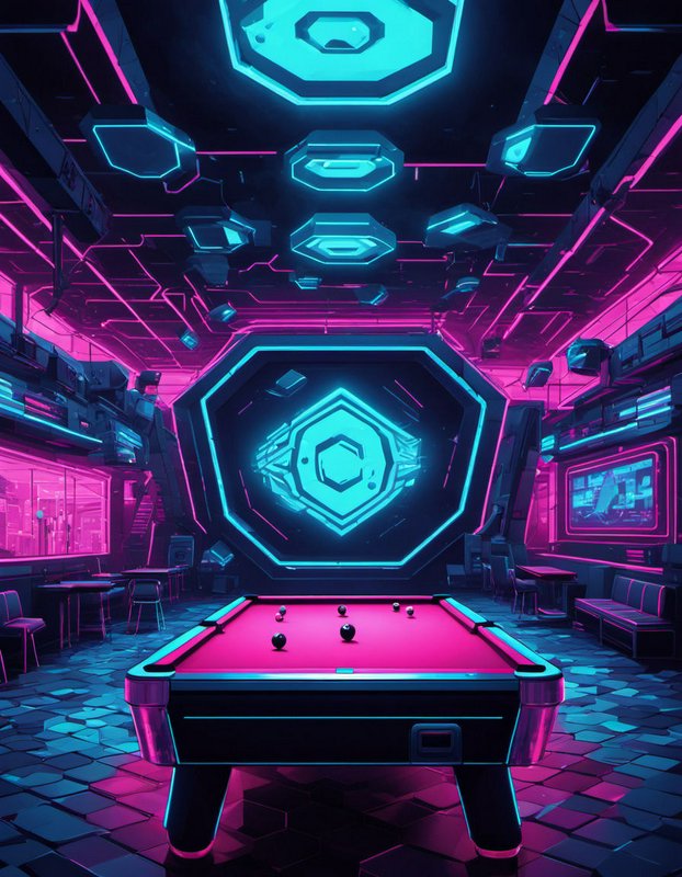 Futuristic cyberpunk game room with a bright pink felt pool table under glowing neon pink and cyan lights