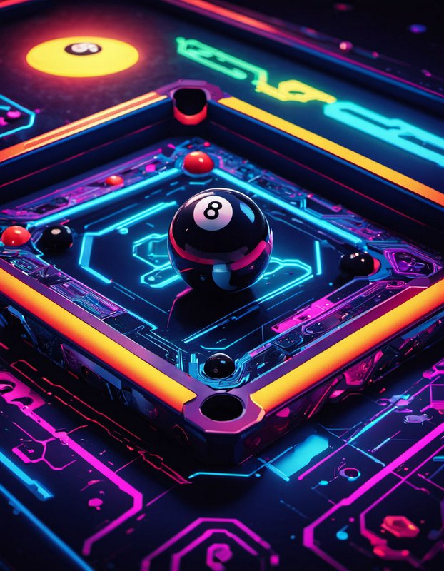 Glossy black 8 ball sits centered on a futuristic neon cyberpunk pool table